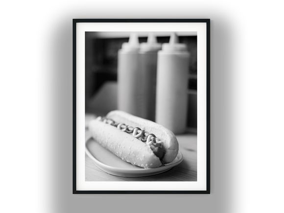 Hot Dog on Plate with Condiment Bottles Black and White Photo Digital Download