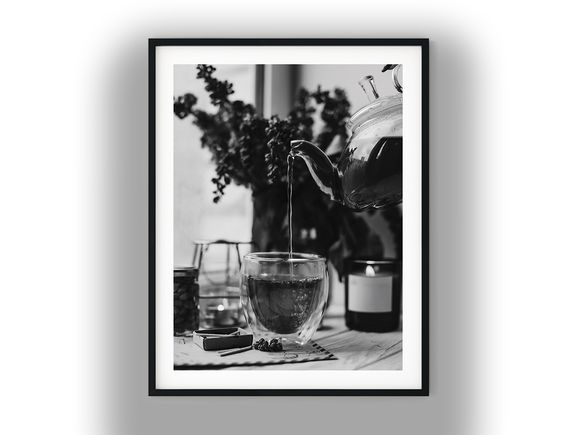 Pouring Hot Tea Into Clear Glass Cup Black And White Photo Digital Download