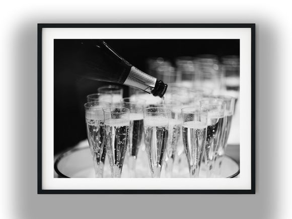 Pouring Champagne into Elegant Flute Glasses Black And White Photo Digital Download