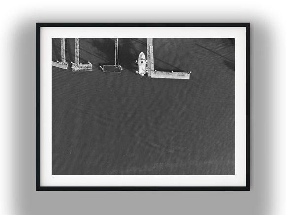 Aerial View of Boat Docked at Marina Black And White Photo Digital Download