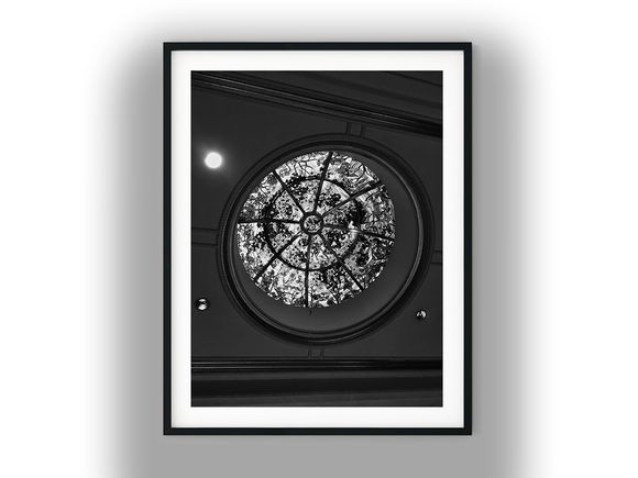 Ornate Circular Stained Glass Ceiling Skylight Black and White Photo Digital Download
