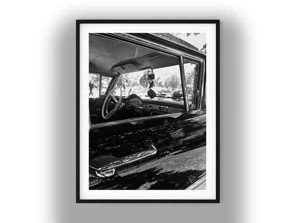 Vintage Classic Car Interior with Fuzzy Dice Black And White Photo Digital Download