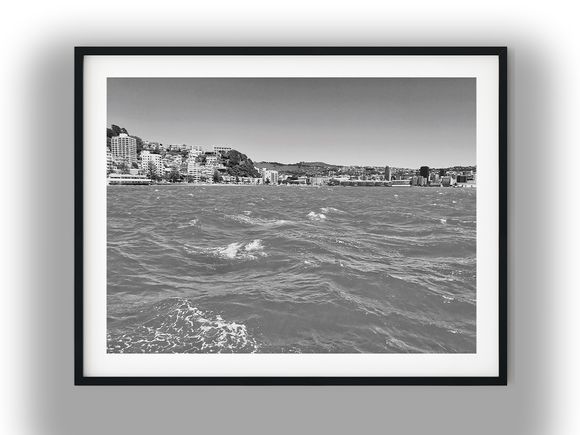 Wellington Harbour Skyline Across Choppy Waters Black And White Photo Digital Download