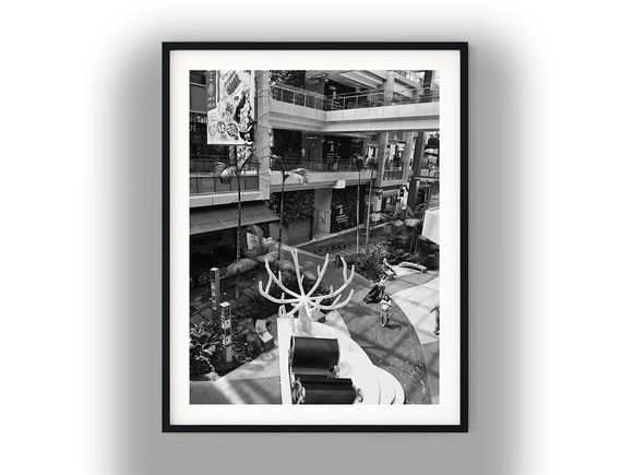 Modern Shopping Mall Atrium With Holiday Display Black and White Photo Digital Download