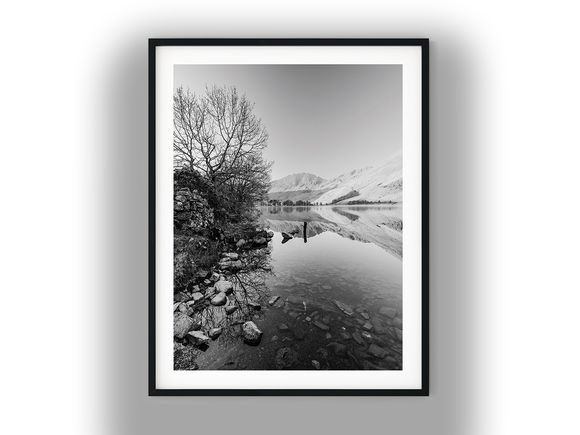Serene Mountain Reflection on Calm Lake Shore Black and White Photo Digital Download
