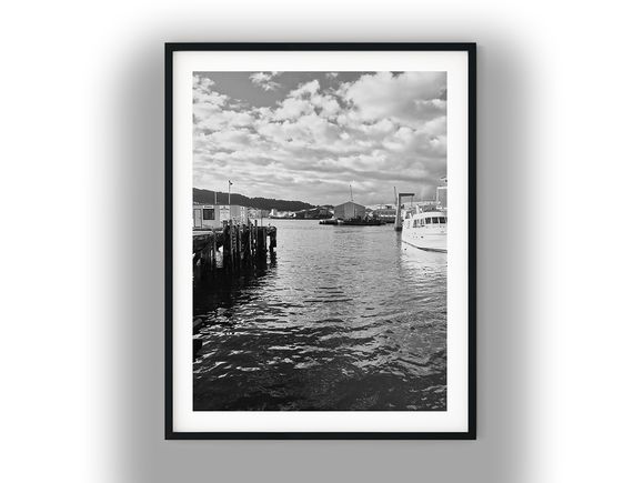Boats Moored Along Wellington Harbour Pier Black And White Photo Digital Download
