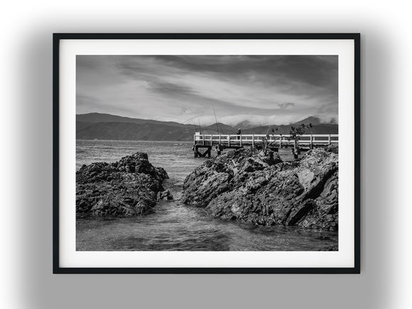 Fishing from Karaka Bay Jetty and Rocks Black And White Photo Digital Download