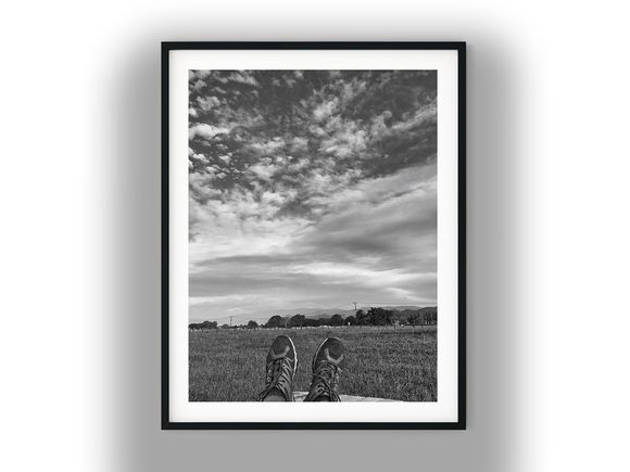 Relaxing Hiker Feet Overlooking Rural Meadow View Black And White Photo Digital Download