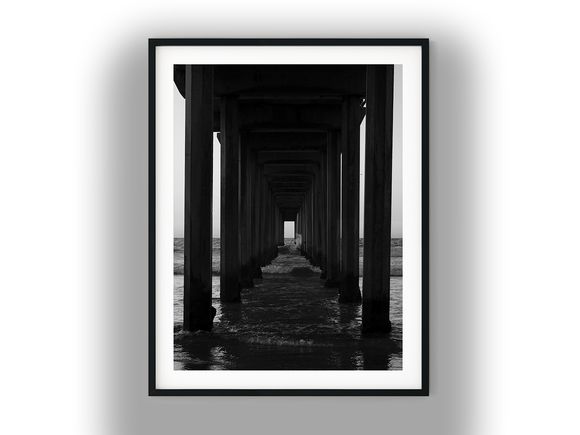 Symmetrical Perspective Beneath Concrete Ocean Pier Black And White Photo Digital Download