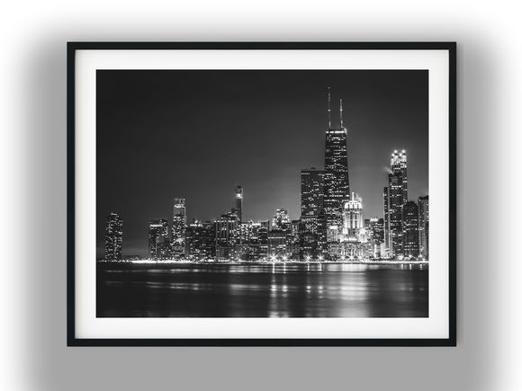 Chicago Skyline Night View From Lake Michigan Black And White Photo Digital Download
