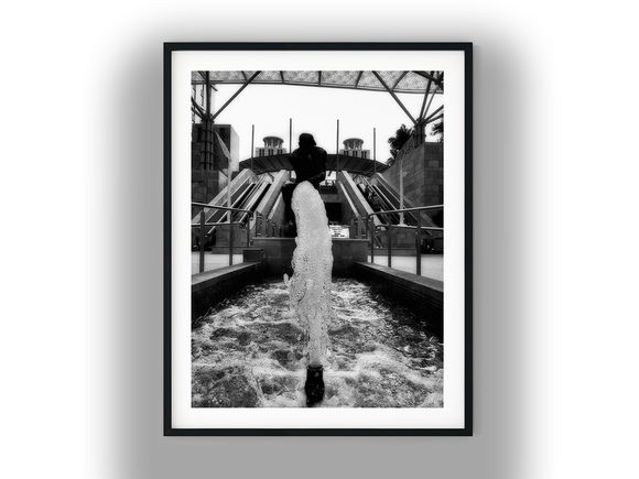 The Thinker Statue and Splashing Water Fountain Black and White Photo Digital Download