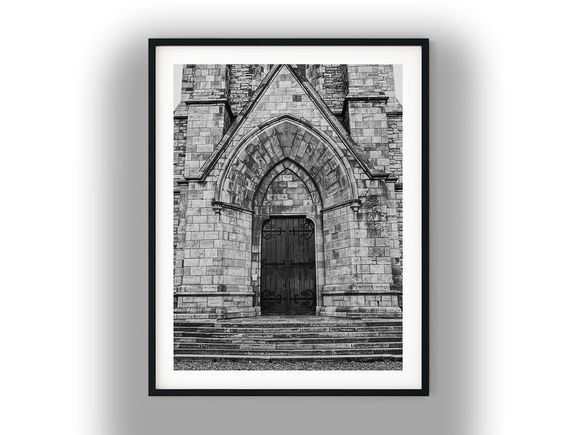 Gothic Stone Arch Cathedral Wooden Entrance Doors Black And White Photo Digital Download