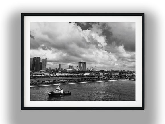 Tugboat in Harbor with Singapore Marina Bay Skyline Black and White Photo Digital Download