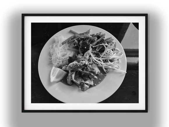 Chicken Satay with Glass Noodles, Vegetables, and Sprouts Black and White Photo Digital Download