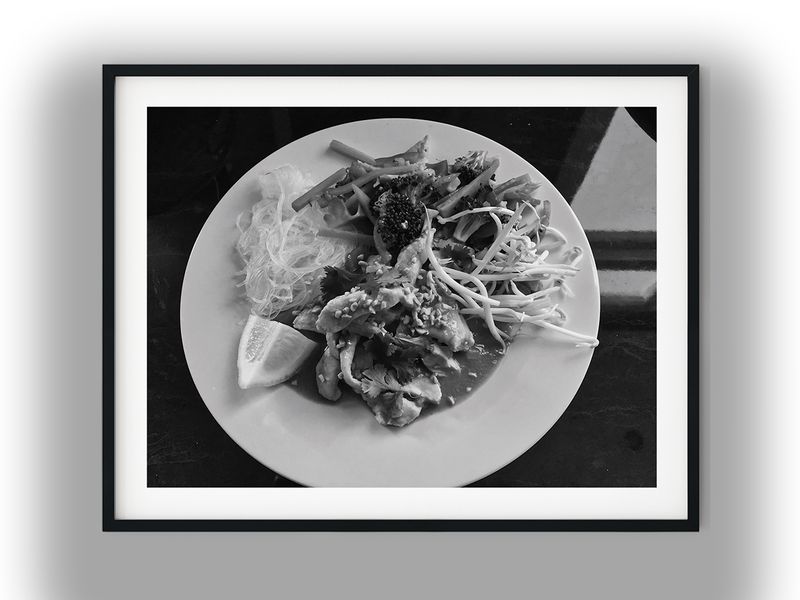 Chicken Satay with Glass Noodles, Vegetables, and Sprouts Black and White Photo Digital Download
