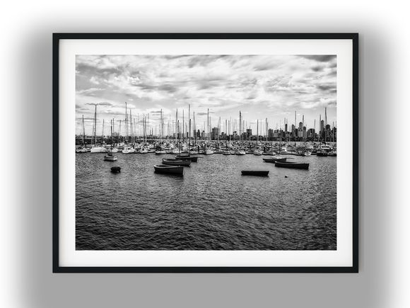 Sailboats Moored in St Kilda Harbor with City Skyline Black and White Photo Digital Download