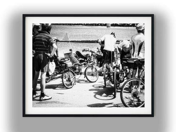 Recumbent Cyclists Gathered Along the Waterfront Black and White Photo Digital Download