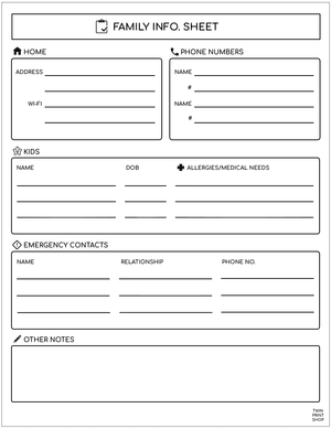 Family Info. Sheet &amp; Babysitter Sheet