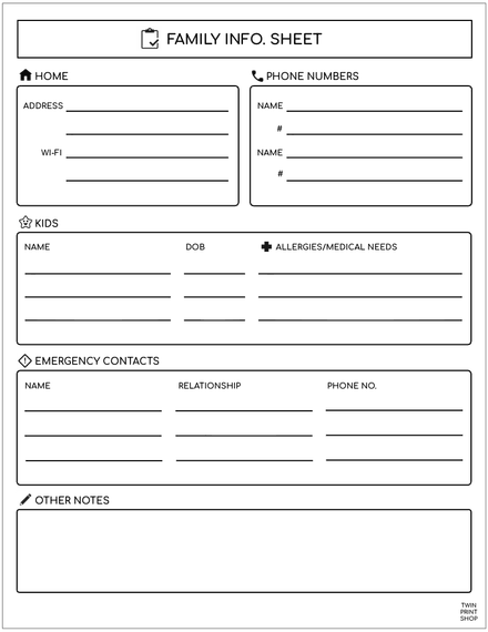 Family Info. Sheet &amp; Babysitter Sheet