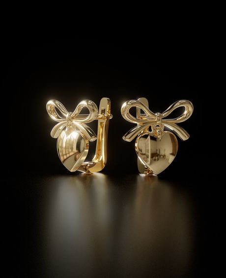 Golden Heart Bow Earrings – Elegant 3D Jewelry Design for Women | Luxury Gold Earring Model