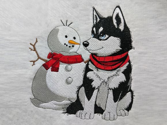 Husky mit Schneemann