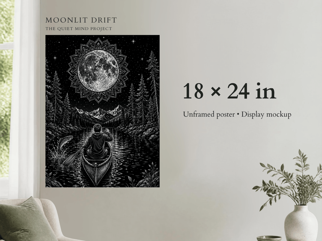 Moonlit Drift adult coloring poster size and scale graphic showing the 18 by 24 inch format