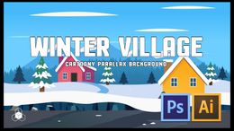 WINTER SNOW MOUNTAIN VILLAGE - 2D Cartoony Parallax Game Background