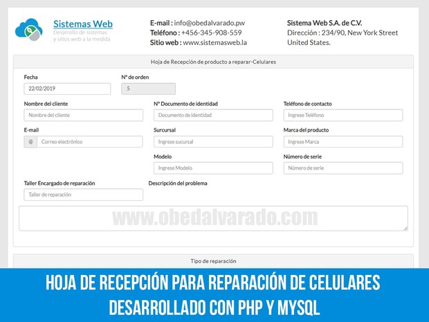 Hoja de recepción para reparación de celulares desarrollado con PHP y MySQL