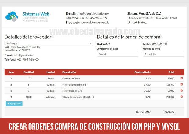 Crear ordenes compra de construcción con PHP y MySQL