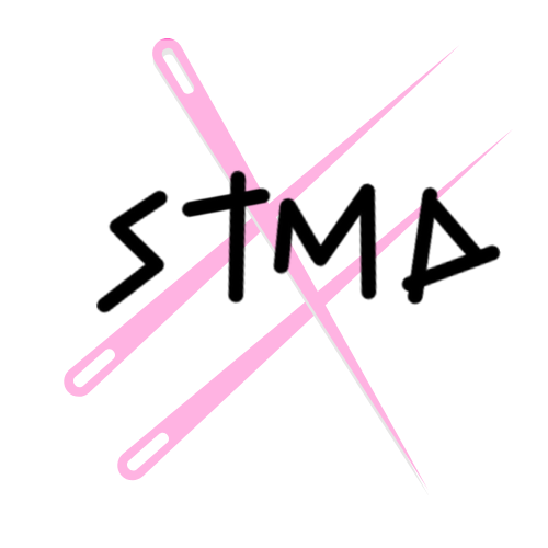 crossed needles in a double X with punk text in pink saying STMD