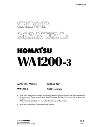 Komatsu Shop Manual WA1200-3 50001 and up Wheel Loader SEBM018225 English