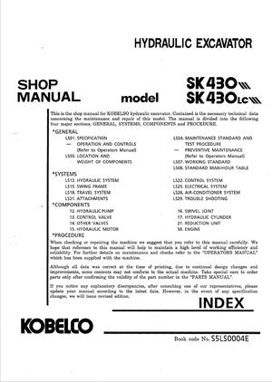 Kobelco Shop Manual SK430-III, SK430LC-III, SK430-3, SK430LC-3 Hydraulic Excavator S5LS0004E English