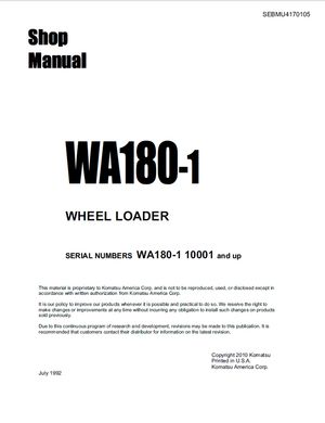 Komatsu Shop Manual WA180-1 10001 and up Wheel Loader SEBMU4170105 English