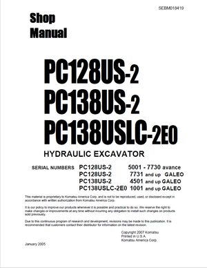 Komatsu Shop Manual PC128US-2, PC138US-2, PC138USLC-2E0 Hydraulic Excavator SEBM018419 English