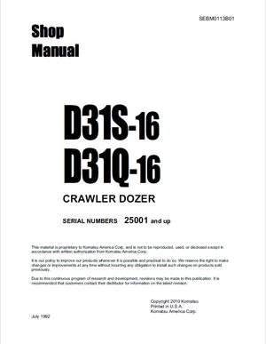 Komatsu Shop Manual D31S-16, D31Q-16 25001 and up Dozer Shovel/Crawler Loader SEBM0113B01 English