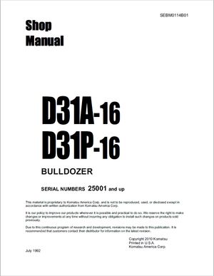 Komatsu Shop Manual D31A-16, D31P-16 25001 and up Crawler Bulldozer SEBM0114B01 English