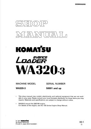 Komatsu Shop Manual WA320-3 Avance Loader 50001 and up Wheel Loader SEBM006006 English