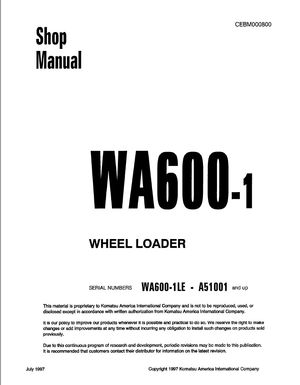 Komatsu Shop Manual WA600-1, WA600-1LE A51001 and up Wheel Loader CEBM000800 English