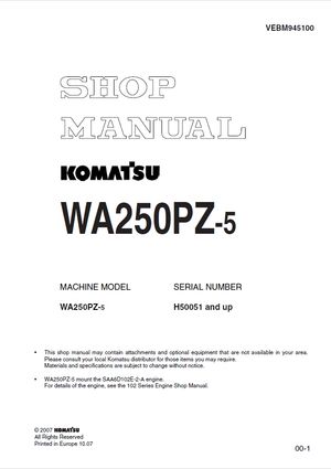 Komatsu Shop Manual WA250PZ-5 H50051 and up Wheel Loader VEBM945100 English