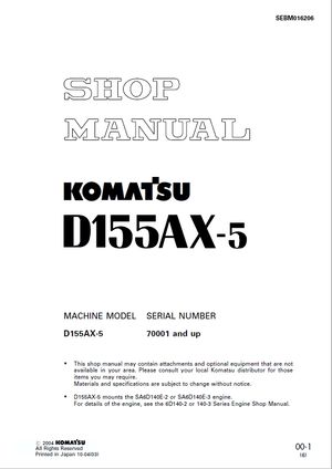 Komatsu  Shop Manual D155AX-5 70001 and up Crawler Bulldoze SEBM016206 English