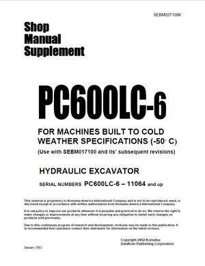 Komatsu Shop Manual PC600LC-6 11064 and up Hydraulic Excavator Supplement SEBM027100K English