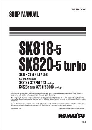 Komatsu Shop Manual SK818-5, SK820-5 turbo 37BF50003, 37BTF50003 and up Skid Steer Loader WEBM005200