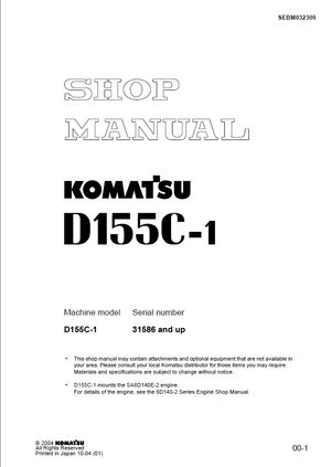 Komatsu Shop Manual D155C-1 31586 and up Pipelayer Dozer SEBM032300 English