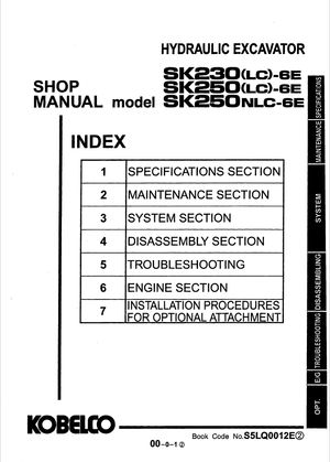 Kobelco Shop Manual SK230-6E, SK230LC-6E, SK250-6E, SK250LC-6E, SK250NLC-6E Excavator S5LQ0012E02 EN