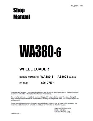 Komatsu Shop Manual WA380-6 A53001 and up Wheel Loader CEBM017403 English