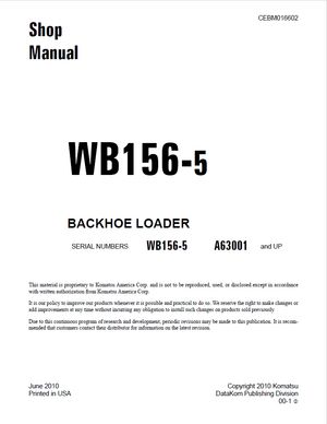 Komatsu Shop Manual WB156-5 A63001 and up Backhoe Loader CEBM016602 English