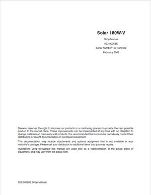 Doosan Daewoo Shop Manual Solar 180W-V 1001 and up Wheel Excavator 023-00068E English