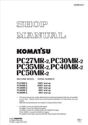 Komatsu Shop Manual PC27MR-2, PC30MR-2, PC35MR-2, PC40MR-2, PC50MR-2 Hydraulic Excavator SEBM032411