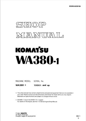 Komatsu Shop Manual WA380-1 10001 and up Wheel Loader SEBMU4230106 English