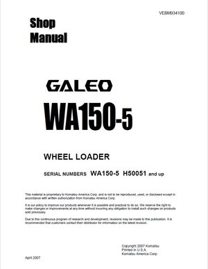 Komatsu Shop Manual WA150-5 GALEO H50051 and up Wheel Loader VEBM934100 English